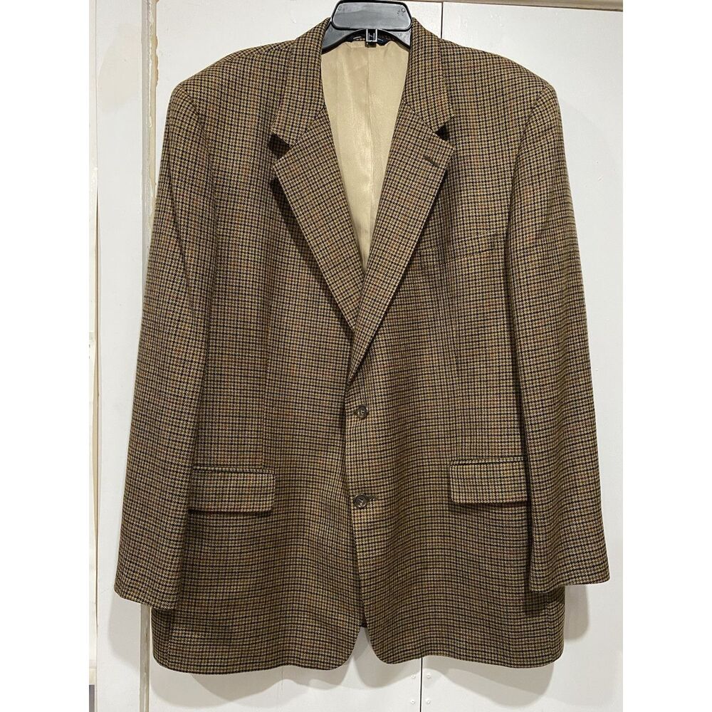 Brooks Brothers Blazer Mens 43LG Lambswool Tweed Brown Houndstooth Jacket FLAW